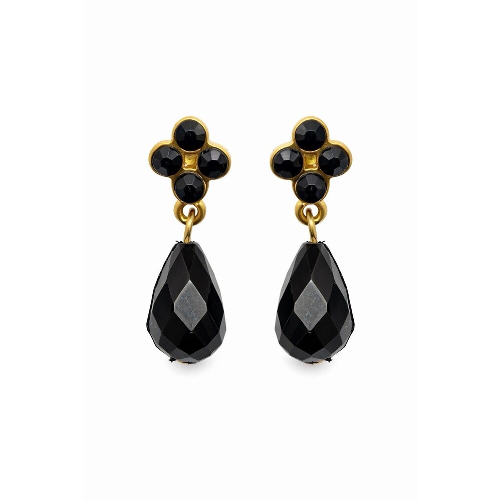 Black Faceted Bead Drop Earrings Gold Tone Vintage Teardrop Dangle